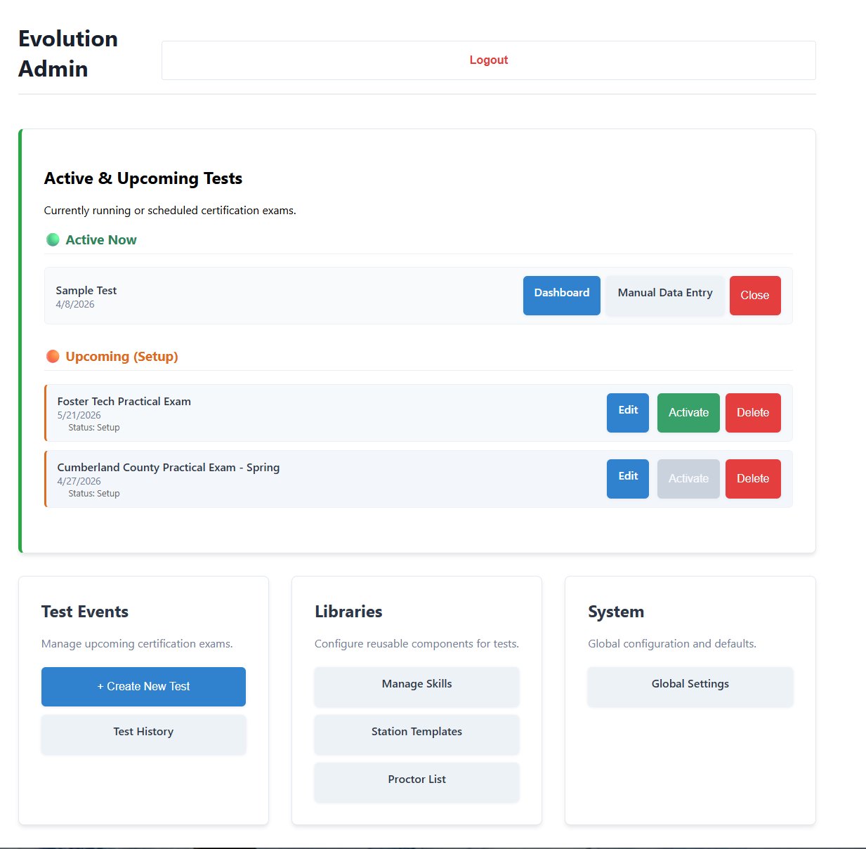 Evolution admin setup showing active and upcoming test events with shortcuts to skills library, station templates, and global settings