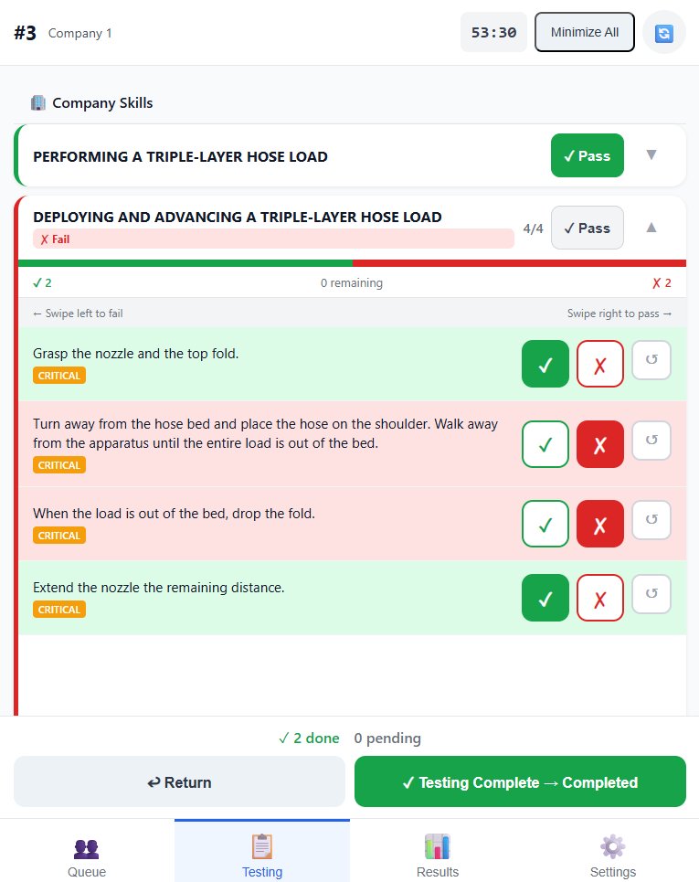 Evolution proctor app showing skill checklist with pass/fail buttons and critical item tags
